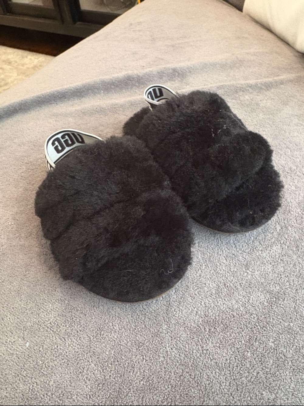 UGG Kids Black Fuzzy Slide Sandals